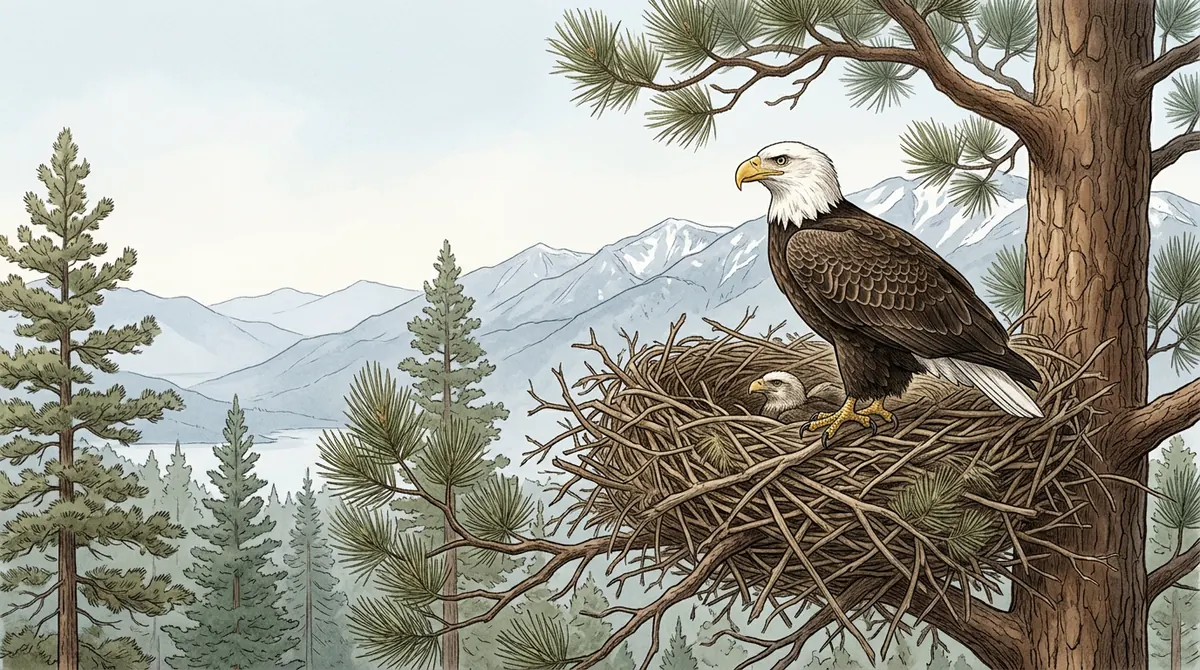 Field-guide illustration of a bald eagle guarding a mountain nest