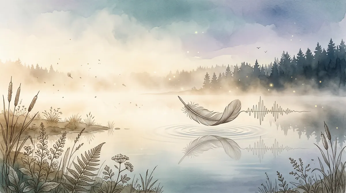 Watercolor lake with a floating feather and a drawn audio waveform