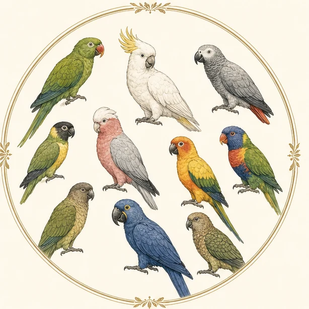 Naturalist portraits representing ten parrot families
