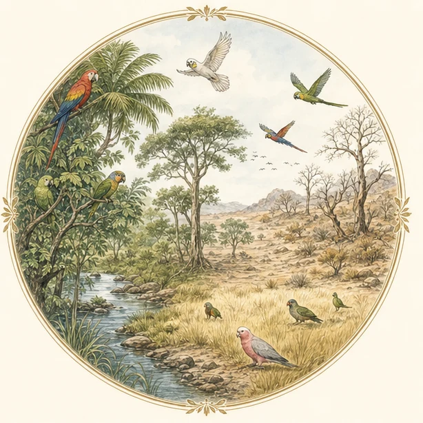 Bird families observed across rainforest, woodland, grassland, and dry habitat