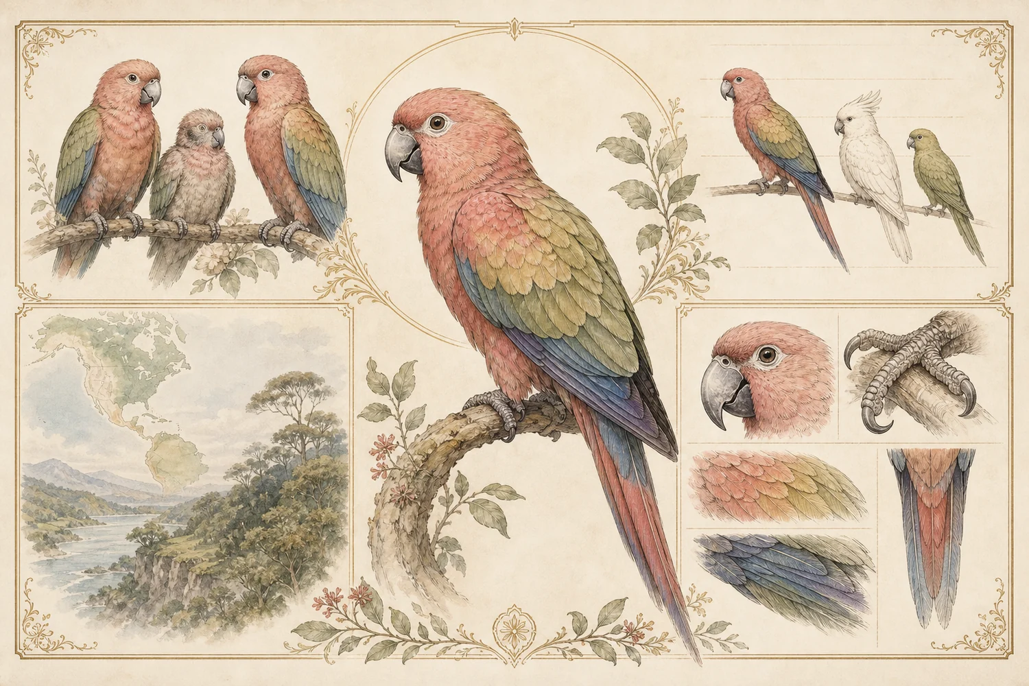 A naturalist study plate connecting parrot family, habitat, body size, feathers, beak, foot, and tail
